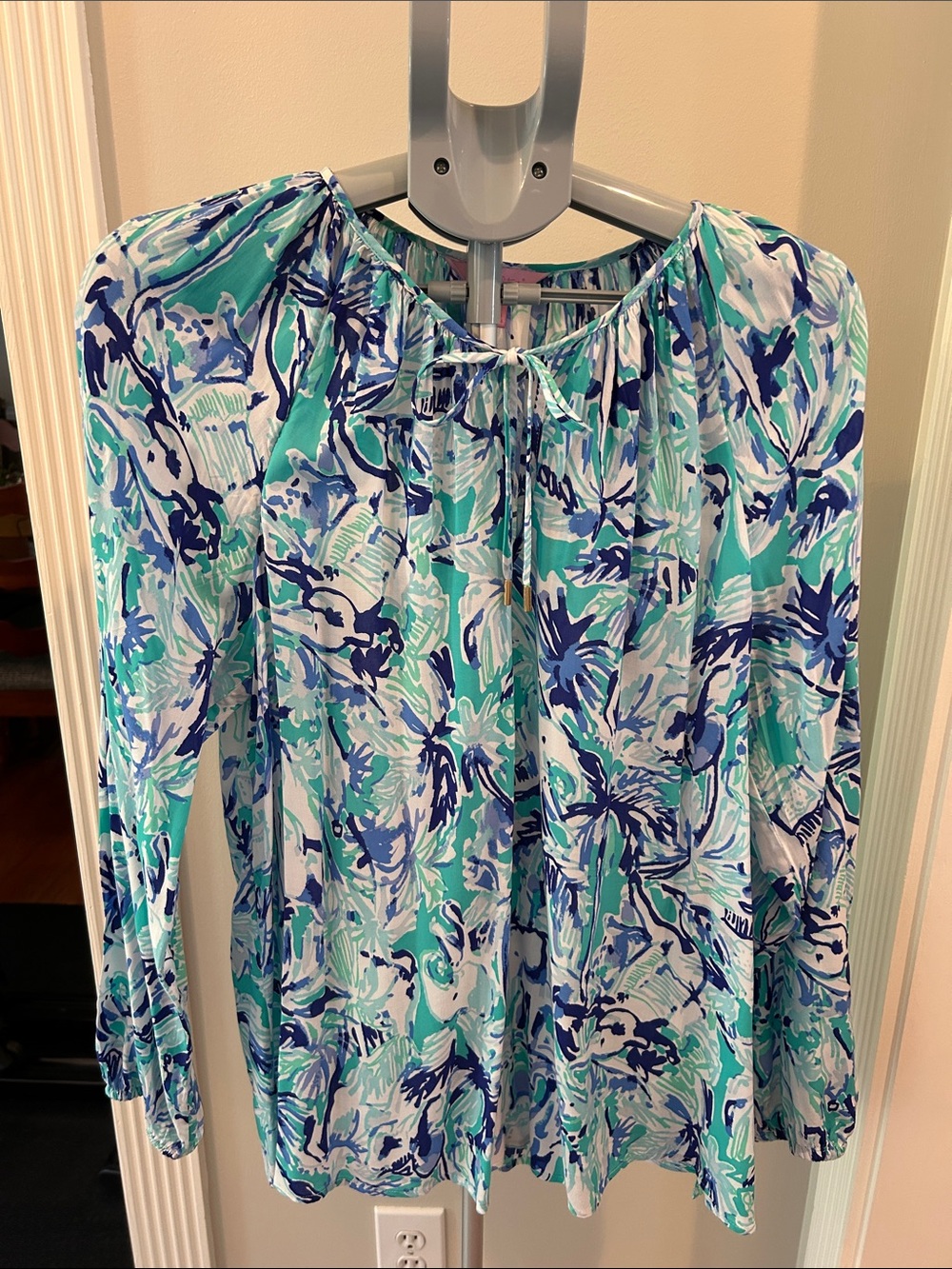 Lilly Pulitzer Aqua and Navy Floral Tie-Neck Willa Tunic Top